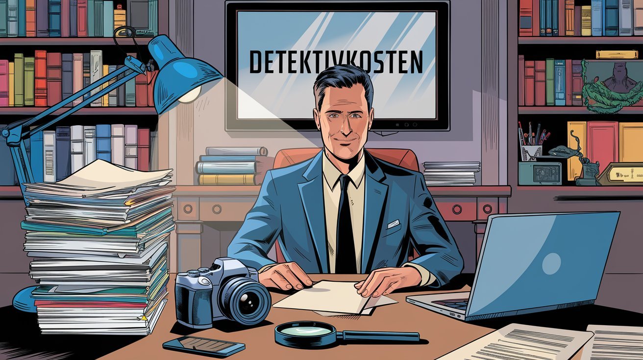 Comic-Stil-Detektiv lächelnd in seinem Detektivbüro; Detektivkosten Bonn, Detektiv-Honorare Bonn